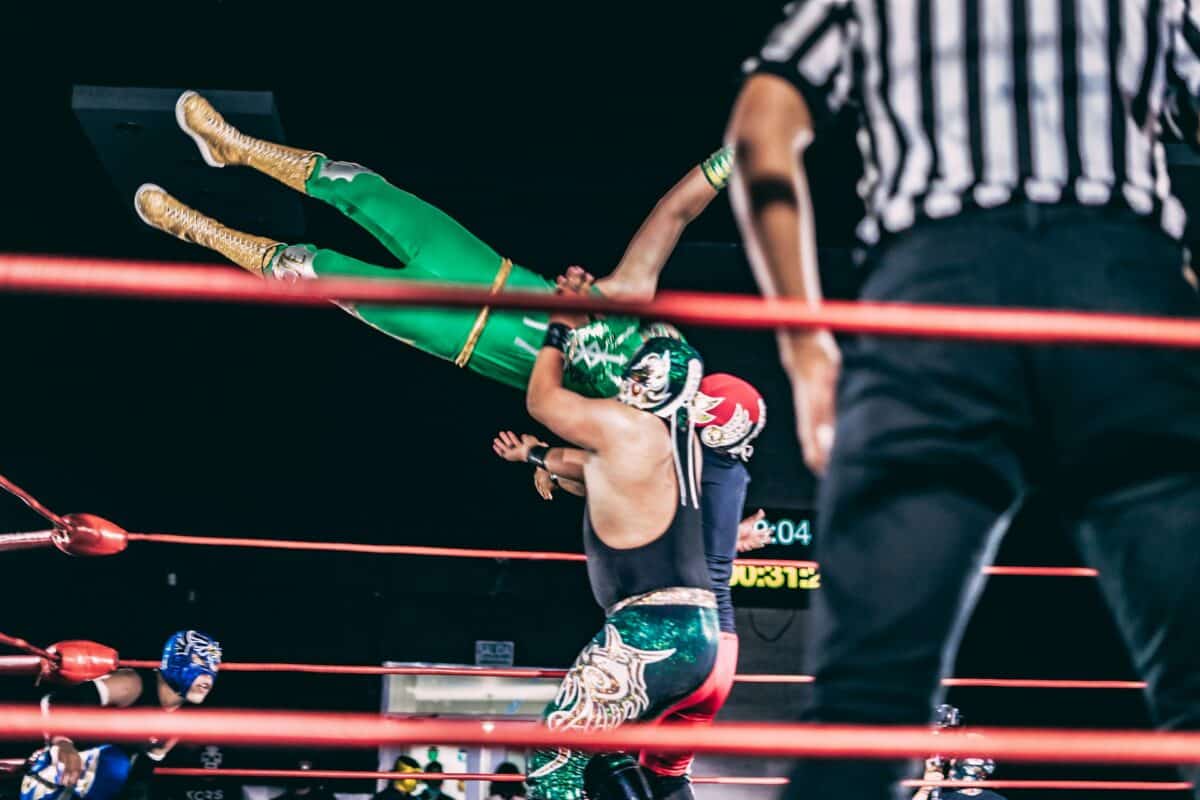 Lucha libre professional wrestlers in a match