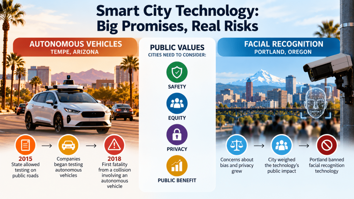 Infographic comparing autonomous vehicle testing in Tempe with facial recognition policy in Portland, highlighting safety, equity, privacy, and public benefit.