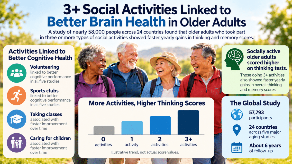 Infographic showing how three or more social activities are linked to better memory and thinking scores in older adults, based on a study of 57,793 people.