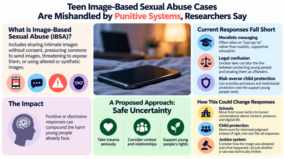 Infographic on teen image-based sexual abuse, punitive responses, and the proposed Safe Uncertainty approach.