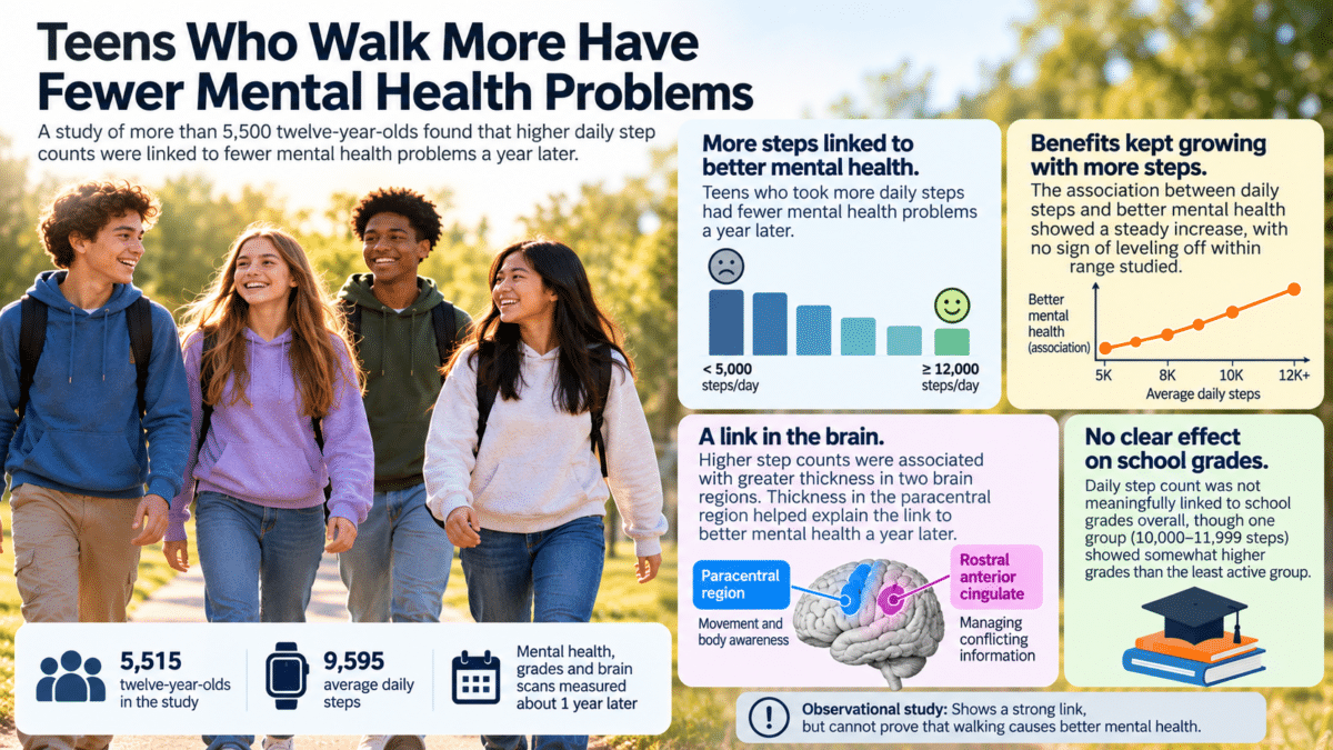 Infographic showing how higher daily step counts are linked to fewer mental health problems and differences in brain structure among teens.