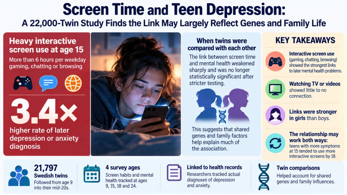 Infographic of a Swedish twin study of 21,797 participants showing that genes and family factors may explain much of the link between teen screen time and depression.