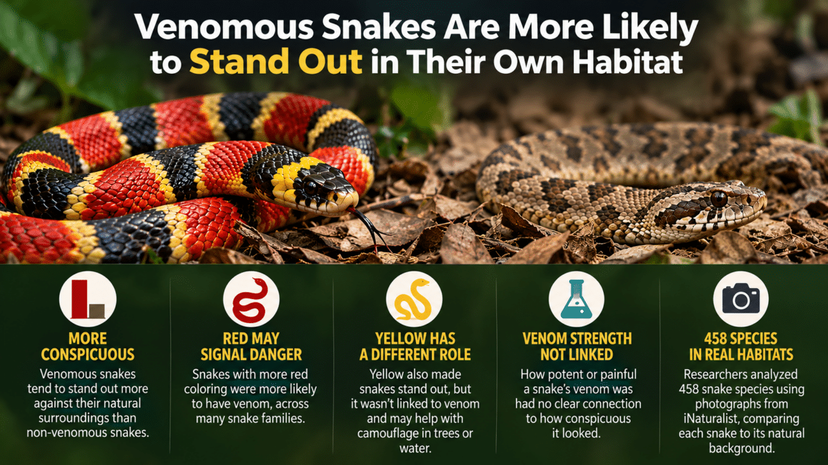 Infographic comparing colorful venomous snakes with camouflaged non-venomous snakes, highlighting findings from a study of 458 species.