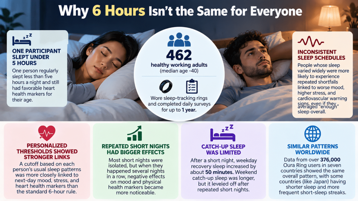Infographic comparing consistent and irregular sleep patterns, showing how personalized sleep thresholds relate to mood, stress, and heart health.